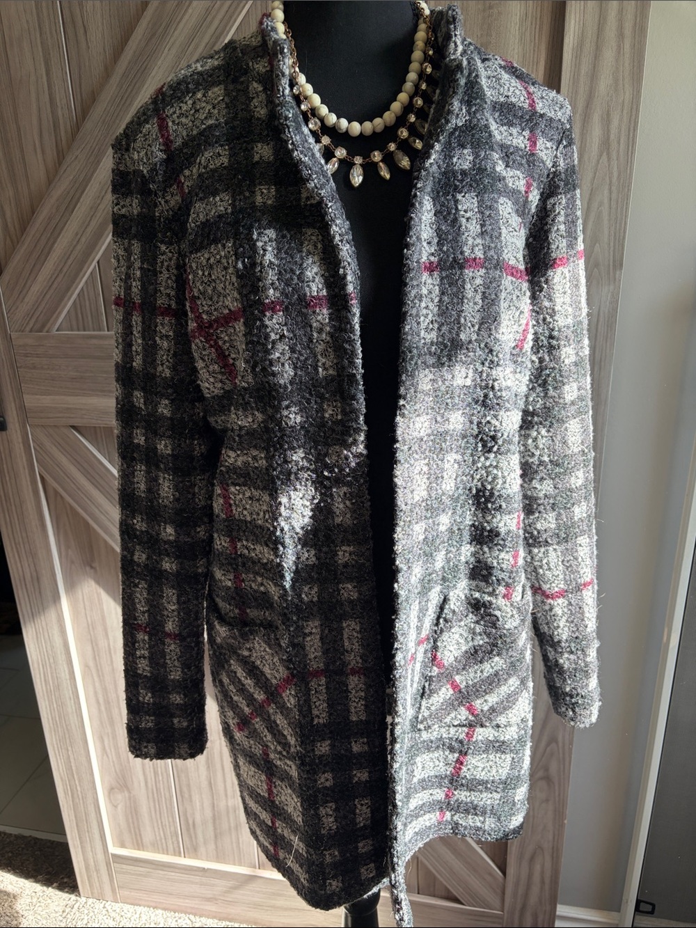 Women's Grey Plaid Open Front Sweater Coat with Pink Accents